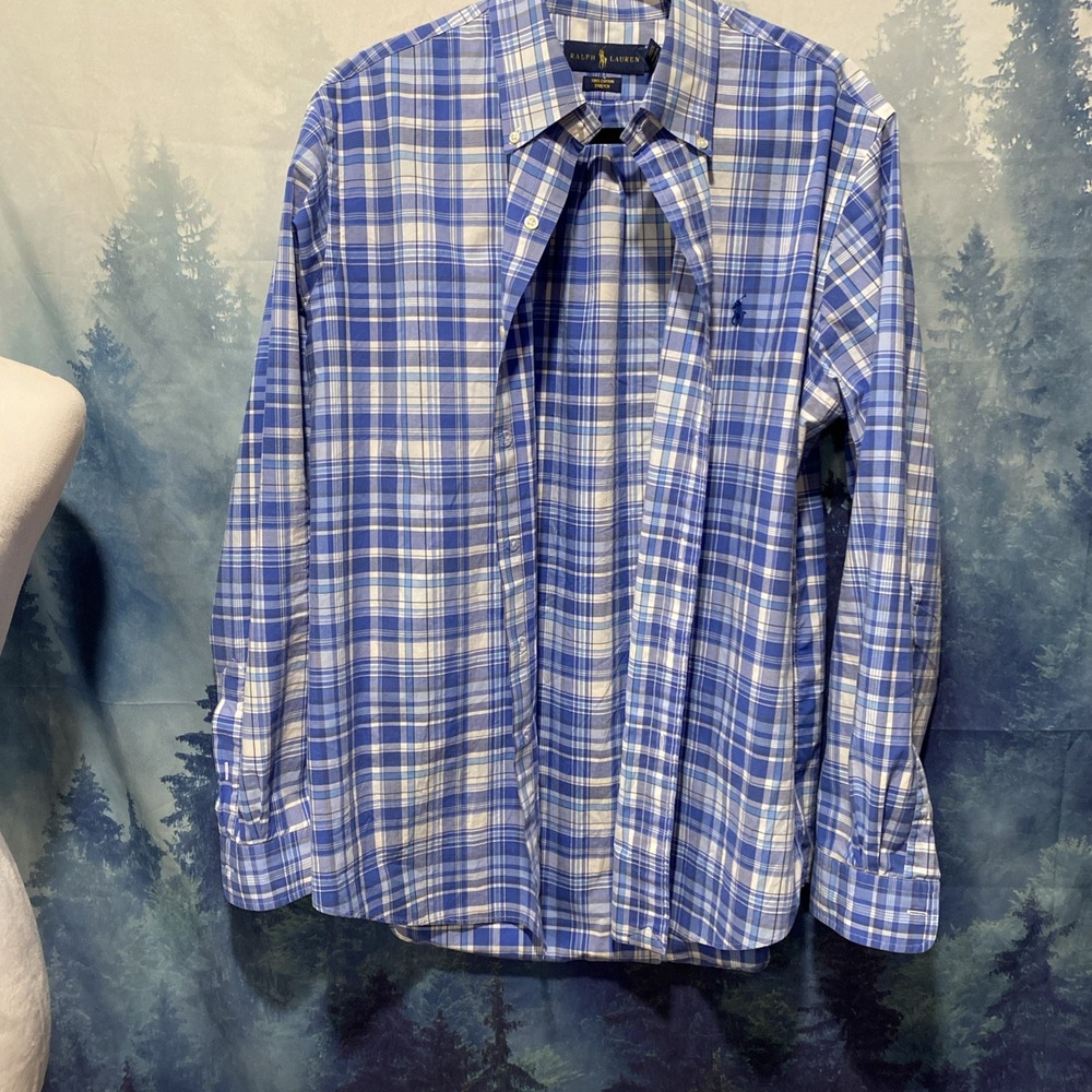 Polo Ralph Lauren Shirt Mens L Blue‎ Plaid Long Sleeve Button Down Performance